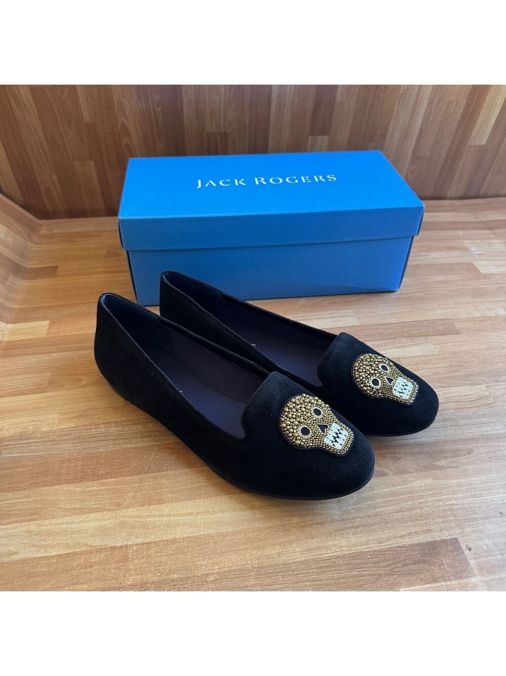 Jack Rogers Black Suede Pirate Skull Beaded Loafer Flats. Size 8.5 - Picture 2 of 11